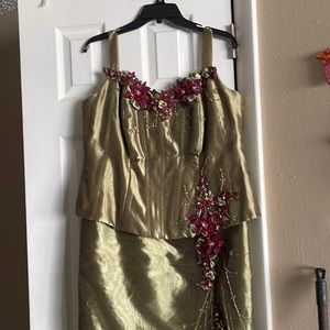 Rose Taft Mother of the Bride two-piece gown W BOLERO OLIVE BURGUNDY BEAD Custom